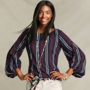 Cabi 5516 Navy Cotton Striped Flag Puff Blouse Medium